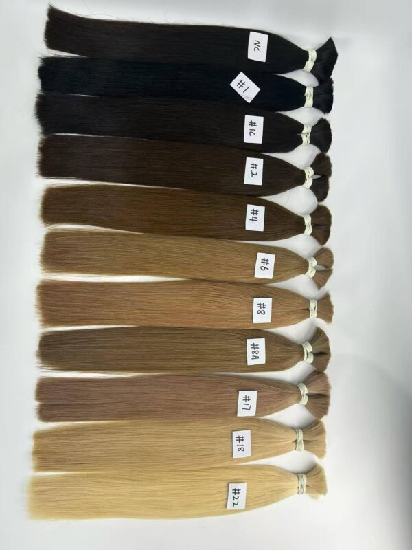 Detailed human hair color swatch bulk displaying accurate shades from natural darks to high-lift blondes for wholesale orders.