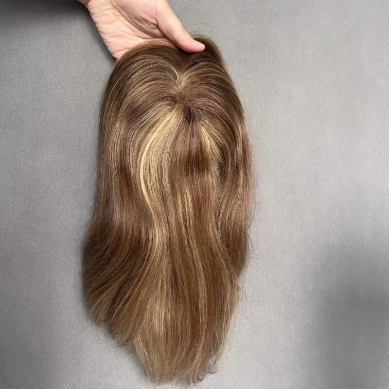 12-inch mono top human hair topper in brown balayage highlight, providing lightweight volume for crown thinning