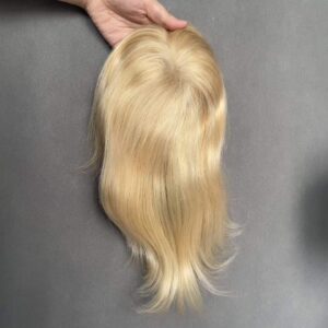 10-inch open weave hair topper in platinum blonde featuring a breathable hollow perimeter for maximum comfort