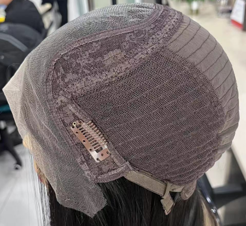 Breathable inner cap view of human hair lace top wigs showing the front lace section and ear tab clips