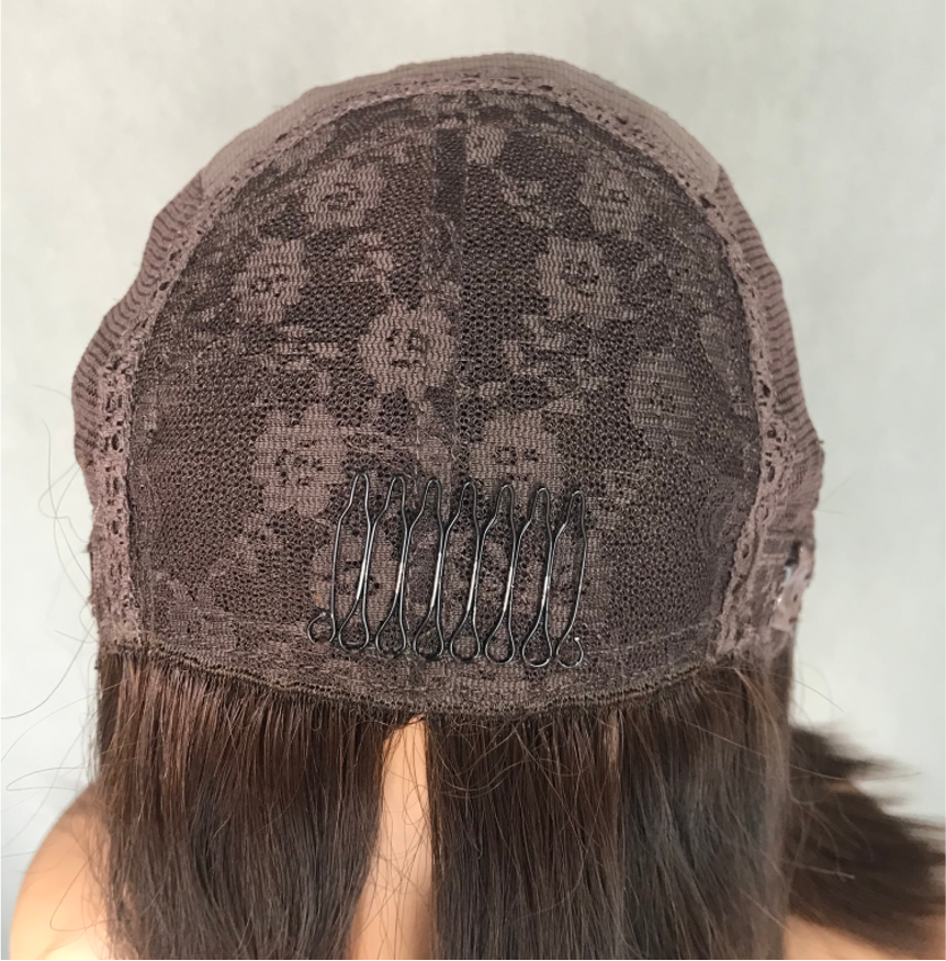 Inside cap construction of human hair silk top wigs featuring a closed mesh top, secure combs, and wefted back