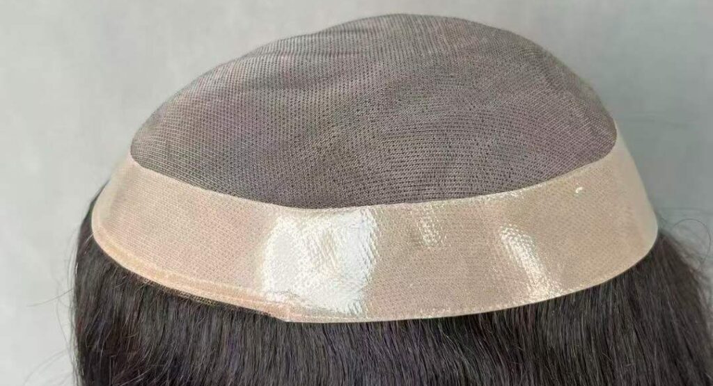 Poly coated perimeter on no clip hair toppers for tape or adhesive